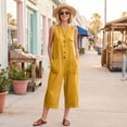 thumbnail image 7 of JULMCOMO Jumpsuits for Women Crew Neck Button Down Casual Bib Overalls Sleeveless Retro Wide Leg Capri Jumpsuit with Pockets Yellow S, 7 of 7