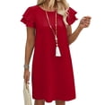 thumbnail image 3 of Women's Summer Dresses Ruffle Sleeve Round Neck Loose Swing Sundresses with Pockets Plain/Print Red S, 3 of 7