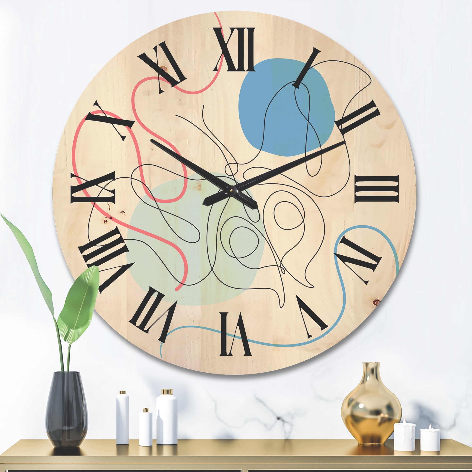 Designart 'Butterfly With One Line Drawing On Cubism Shapes II' Modern Wood Wall Clock
