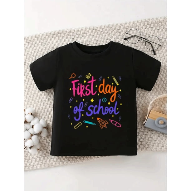 Girl's First of School Graphic Short Sleeve T-Shirt - Playful Pencil & Star Print, Soft Stretch Fabric, Round Neck, Machine Washable, Spring/Summer Casual Comfortable Fit