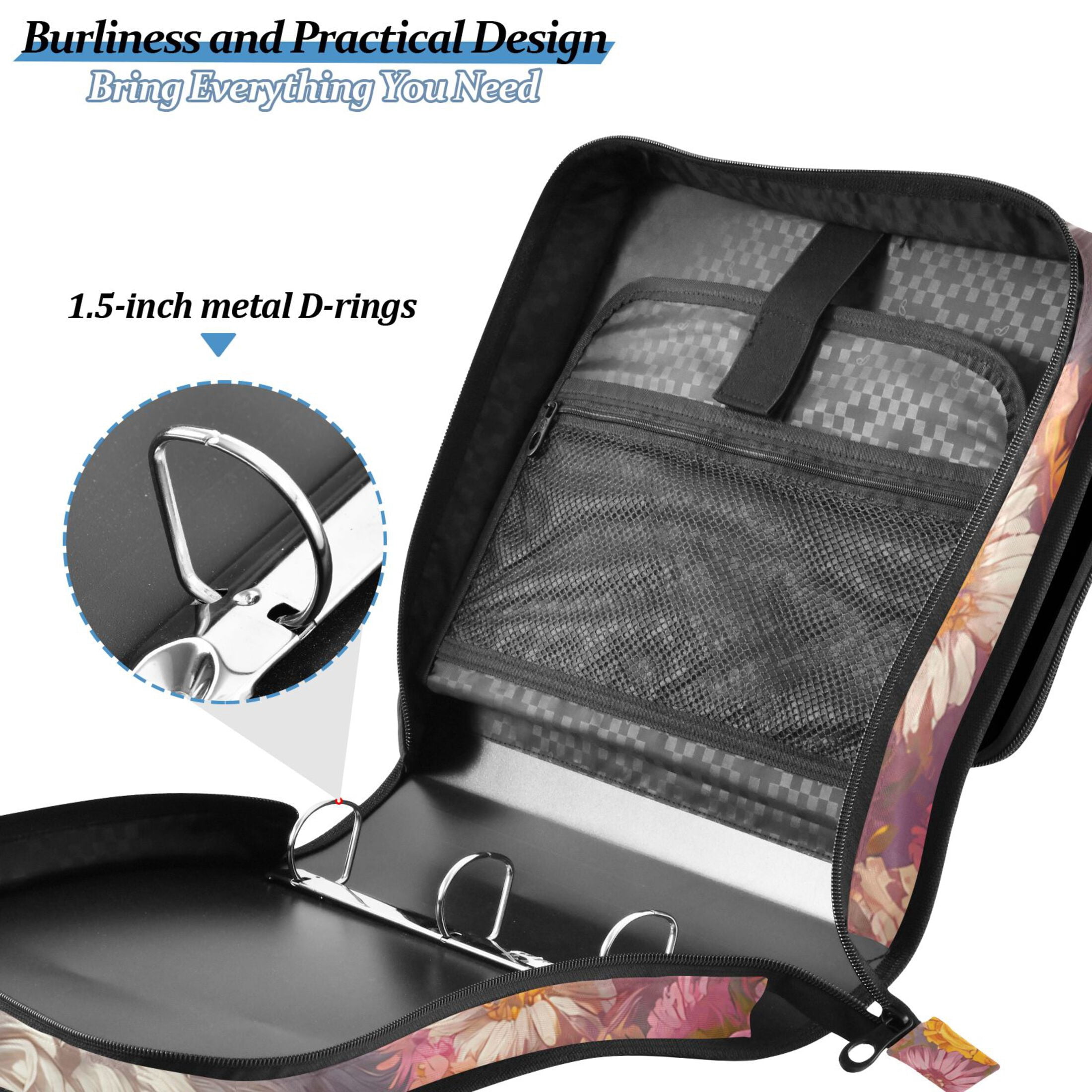3 Ring Zipper Binder with Shoulder Strap Waterproof Trapper Keeper 2 Inch D-Ring 500 Sheets Capacity Alpaca and Flower