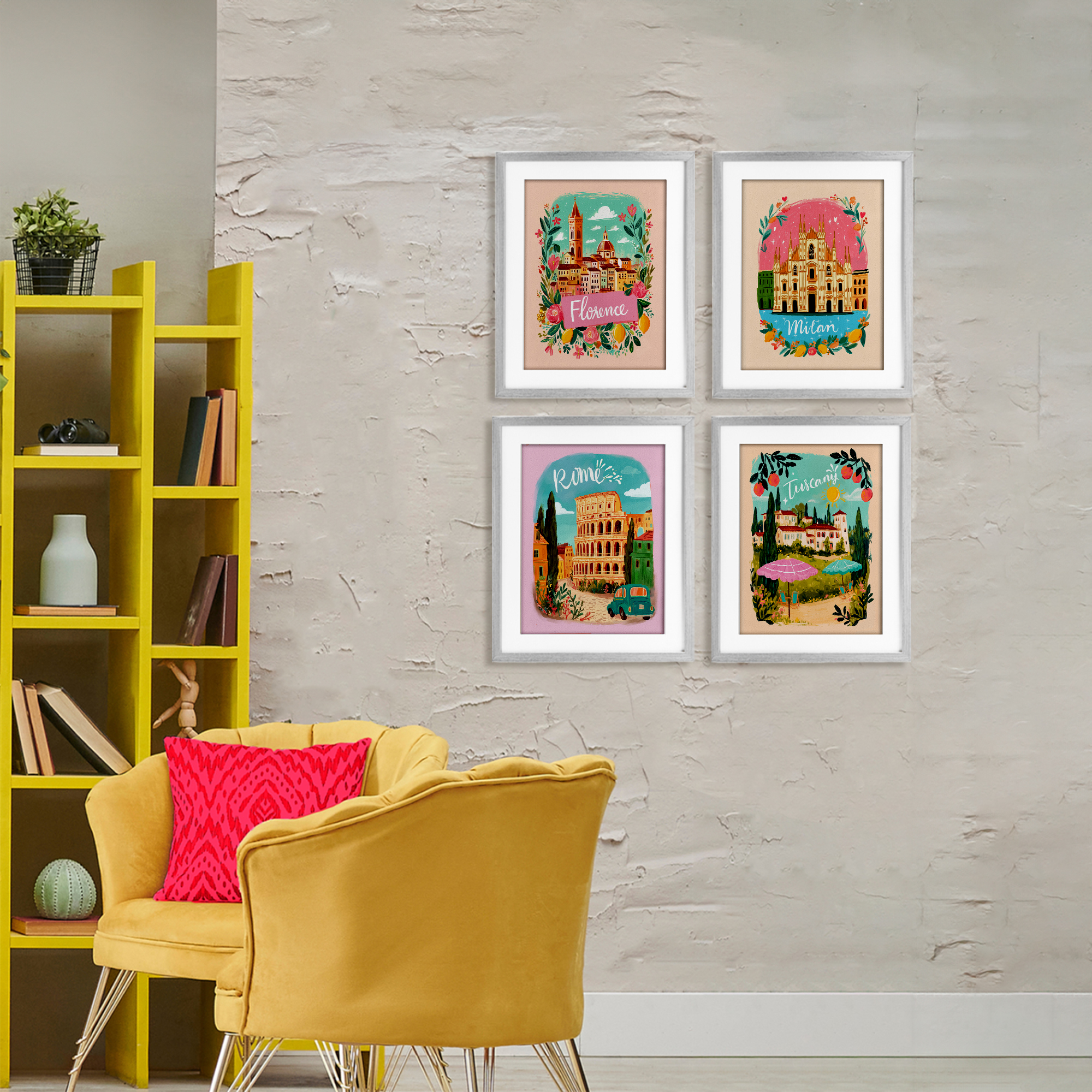 Italy Travel Locations with Florals 4 Piece Gray Framed Print Under Glass Set, design by Yen