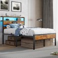 thumbnail image 2 of Farmhouse Twin Size Bed Frame with Storage Headboard, LED Lights and Charging Station, High Metal Platform Bed Twin Size with Heavy Duty Slats, Under Bed Storage, No Box Spring Needed, 2 of 9