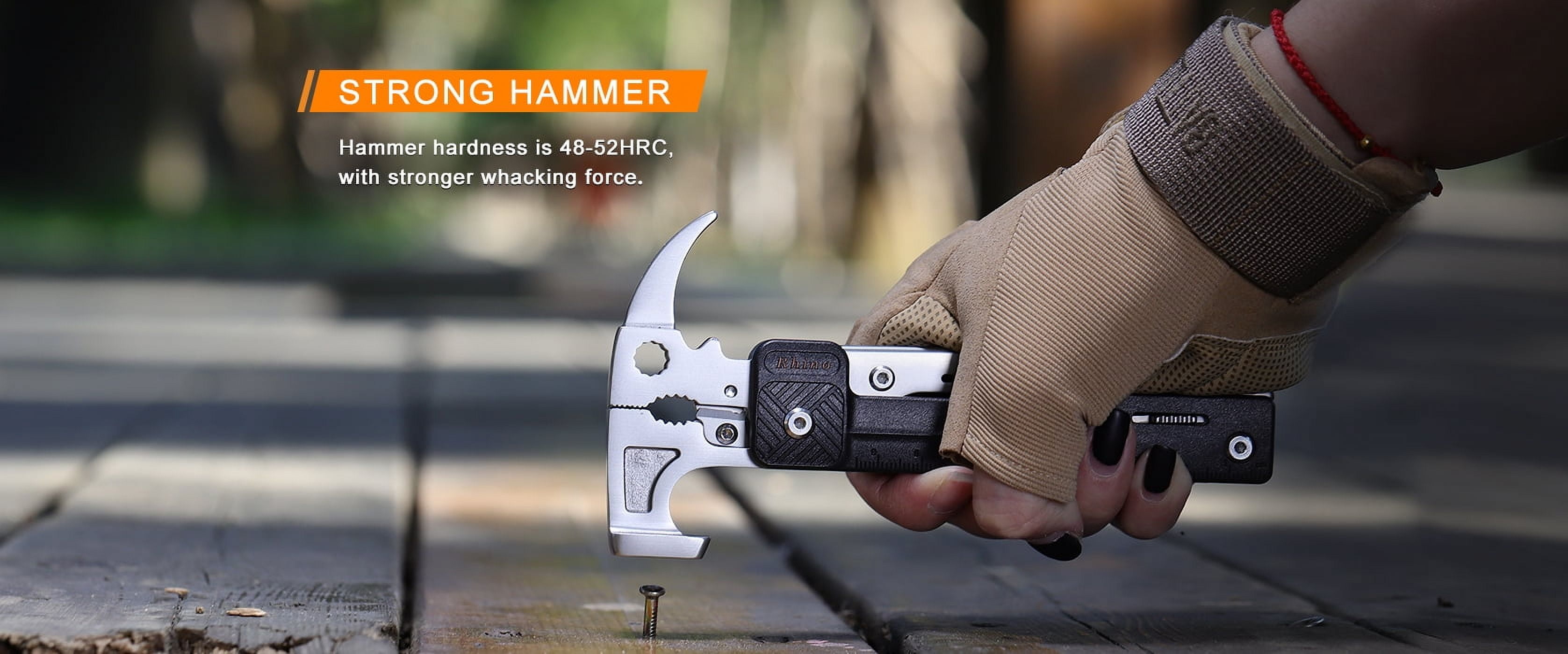 17 in 1 Camping Hammer Foldable Multitool with Flint Stone, Replaceable Wire Cutters, Knife, Saw, Whistle, Bottle Opener
