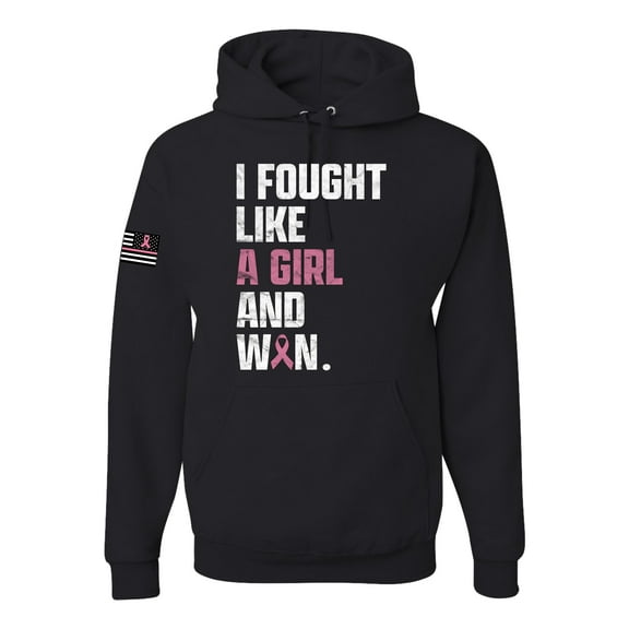 Wild Bobby I Fought Like A Girl and Won US Flag Breast Cancer Awareness Unisex Hoodie Sweatshirt, Black, Small