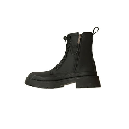 

GENILU Women Comfortable Vintage Combat Boot Round Toe Walking Lace Up Short Bootie Black Plush Lining 5.5