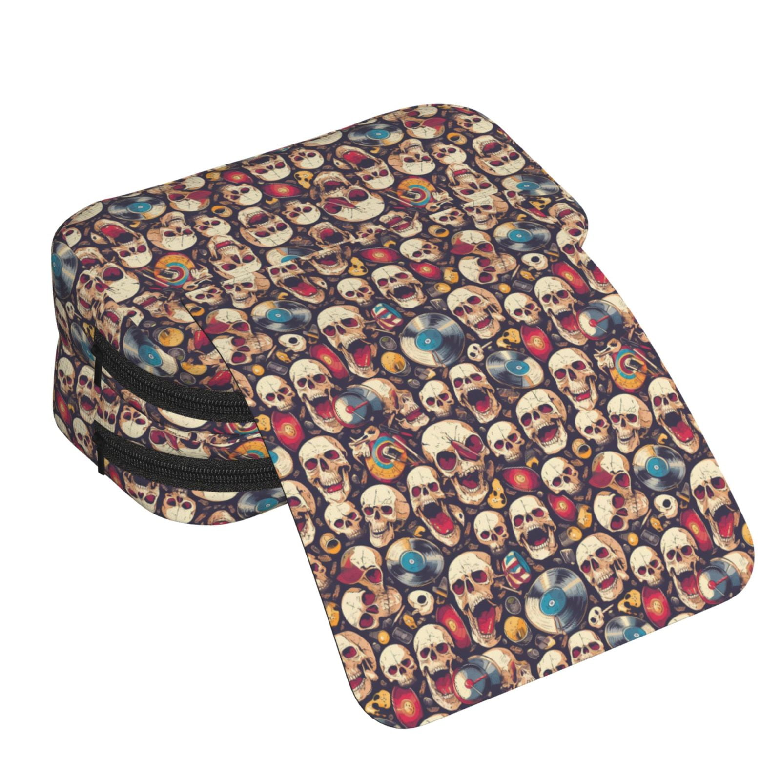 Rateoe rock record music Skull Pattern Double Clamshell Pen Case, Storage Organizer with Two Zipper Compartments– Holds Up to 50 Pencils & Pens