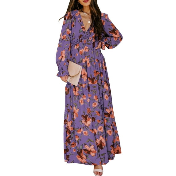 Asyoly Womens Dresses Casual Boho Floral Deep V Neck Long Sleeve Evening Dress Cocktail Party Maxi Wedding Dresses