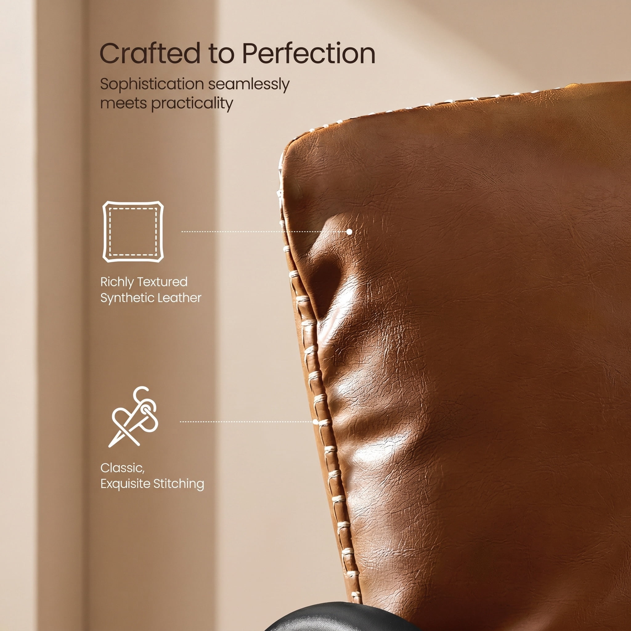 Nordic Hygge Mid-Century Modern Sling Armchair with Caramel Brown Synthetic Leather, Decorative Stitching, and Sturdy Metal Frame