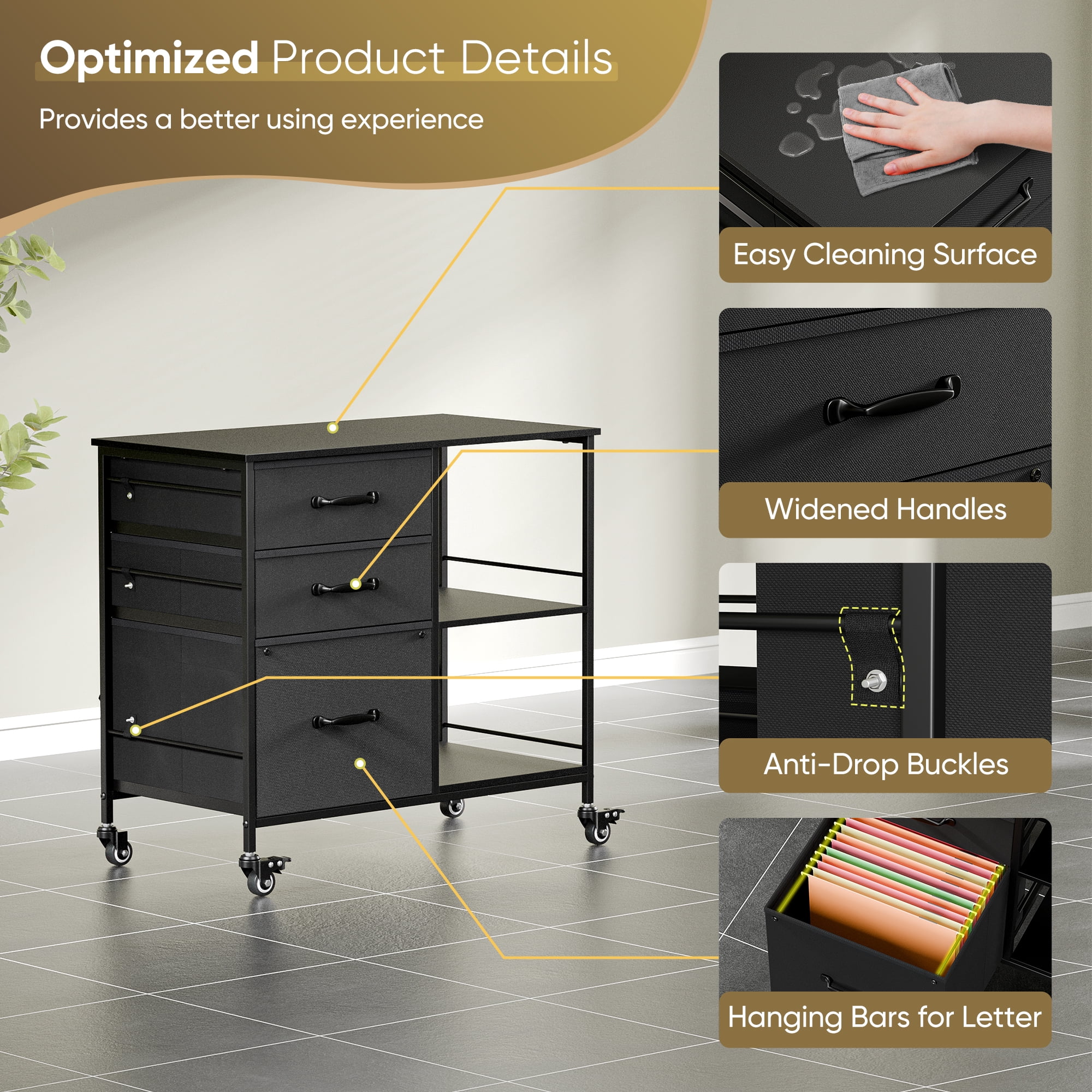 HomGarden Mobile File Cabinet, 3 Drawer Fabric Lateral Filing Cabinet fits A4, Letter Size, Printer W/Open Shelf & Lockable Wheels for Home Office, Gray