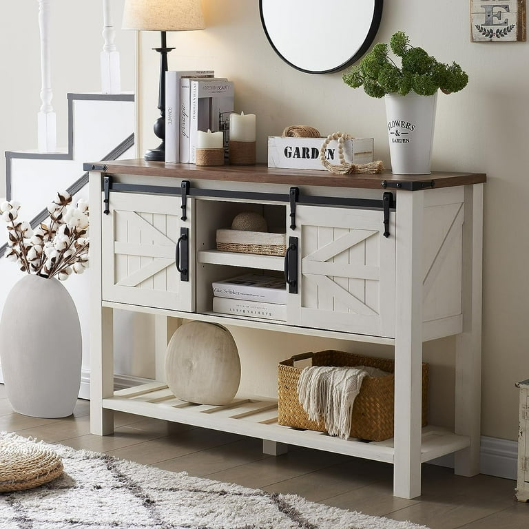OKD Farmhouse 46 Large Farmhouse Entryway Table with Sliding Barn Doors Console Table Sofa Side Table with Storage and Adjustable Shelf Antique