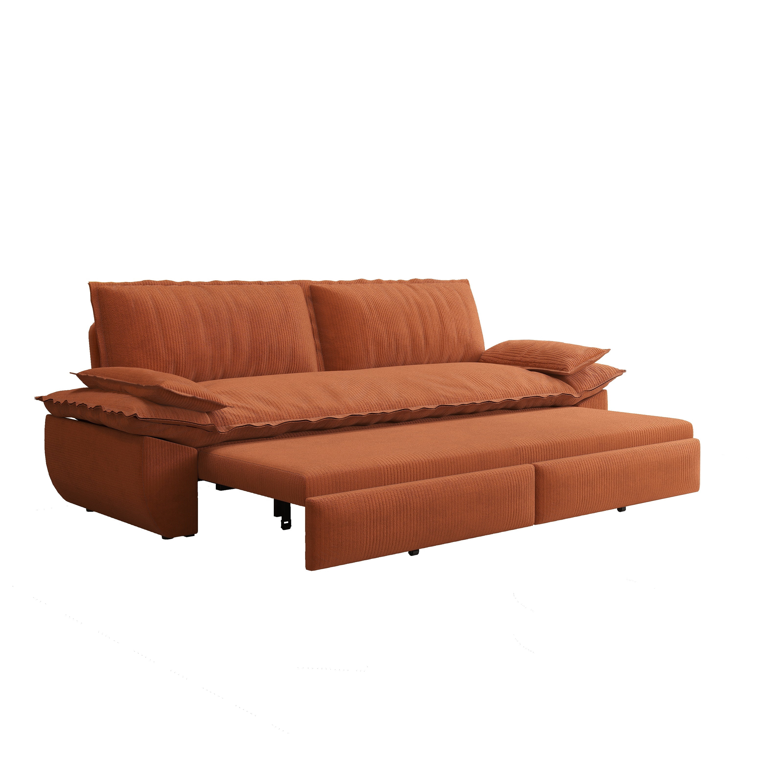 3-in-1 Queen Convertible Sleeper Sofa Bed, 73.2" Corduroy Pull Out Couch with Extra Deep Seat & Pillow Top Armrests, Modern Folding Futon Lounge, Orange