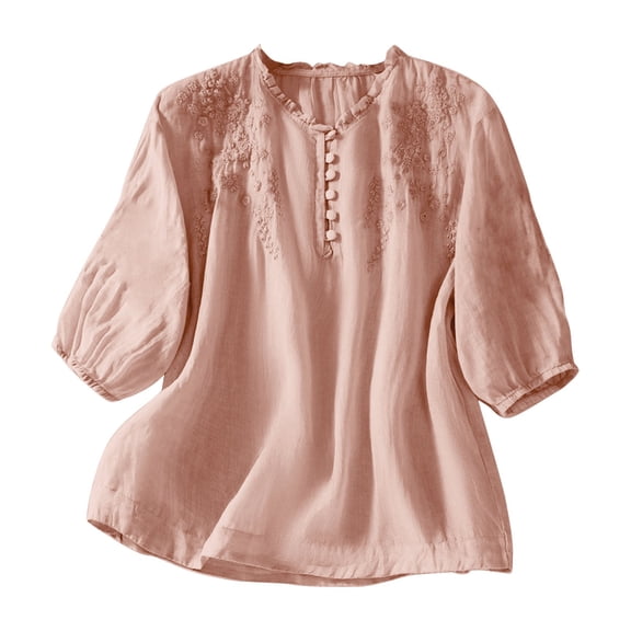 IMENGL Long Sleeve Shirts for Women Casual Cotton Linen Button Short Summer Loose Neck Embroidered Blouse Soft T-Shirt Women's Basic Tee Long Sleeve Tops,Pink