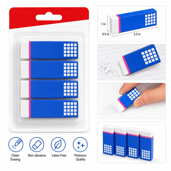 Pencil  Erasers, White, 4 Count