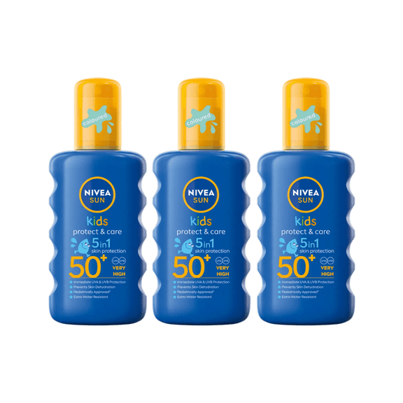 Nivea Sun Kids Protect & Care Coloured Sun Cream Spray SPF50 200ml / 6.8 fl.oz - 3 Pack