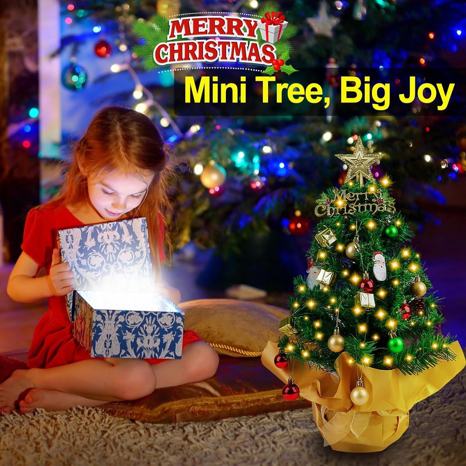 Pre-Lit Mini Christmas Tree with 30 LED Lights, Star Topper, Ornaments and Gift Boxes, 23 in Tabletop Holiday Decor for Desk, Home or Office