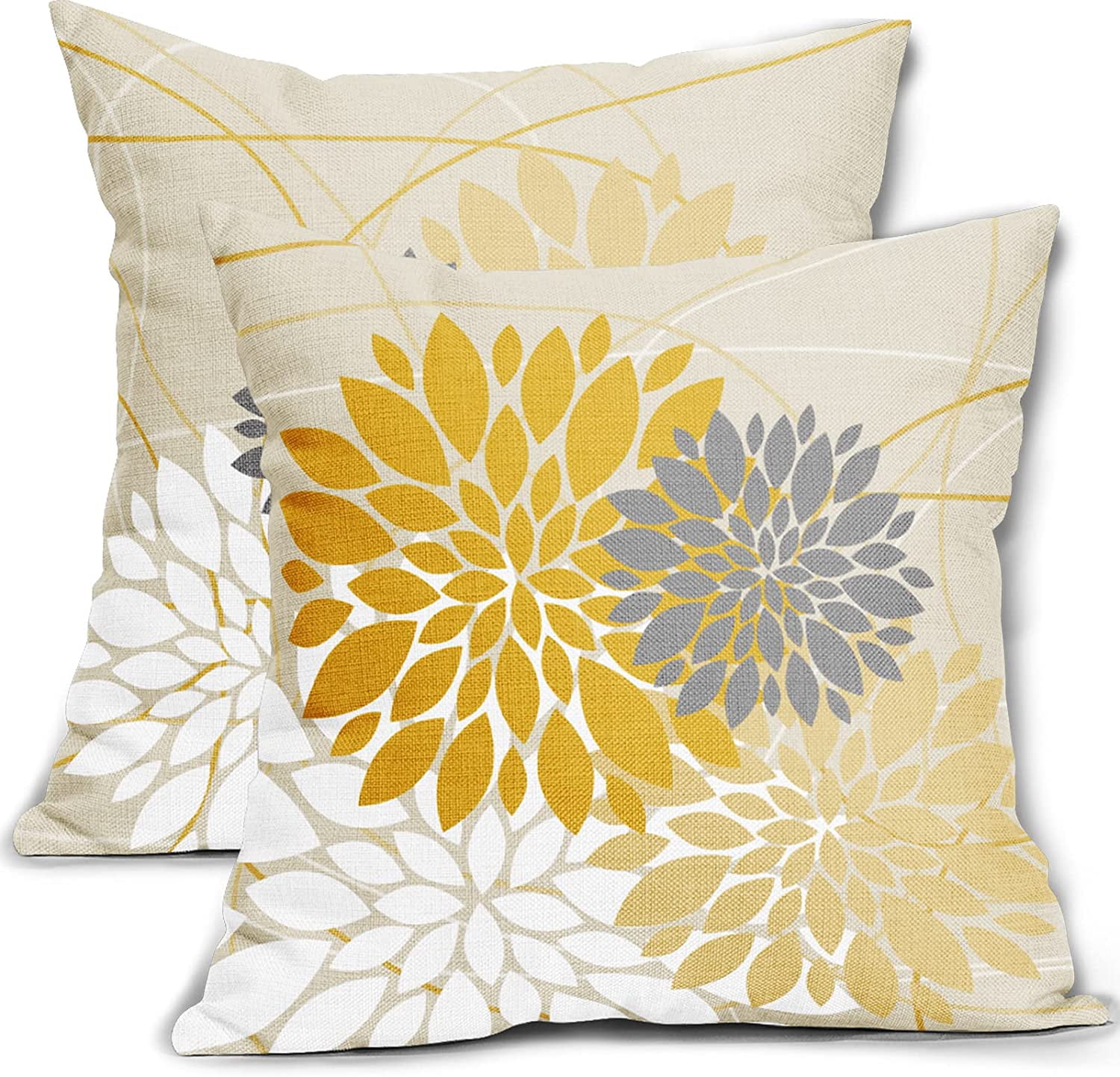 Yellow Grey Gray Throw Pillow Covers 20x20 Inch Dahlia Flower