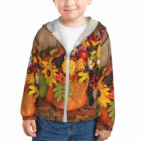 

Gaeub Autumn Bouquet Pumpkin For Thanksgiving Print Athletic Sun Protection Hoodie for Kids Long Sleeve Outdoor UV Shirt Running Fishing Top for Boys Girls-3 Years