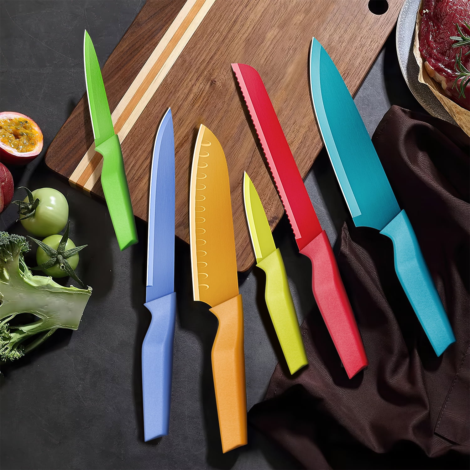GPED 13 Pcs Kitchen Knives Set with Sharpener, Anti-Rust Coating, High Carbon Stainless Steel Chef Knife Sets with 6 Blade Guards, Dishwasher Safe, Multicolor