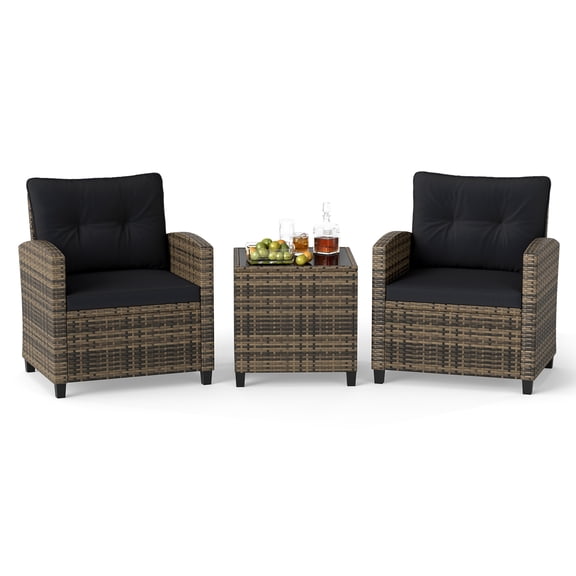 Gymax 3 Piece Patio Furniture Set Rattan Conversation Set w/Soft Seat & Back Cushions Mix Brown & Black