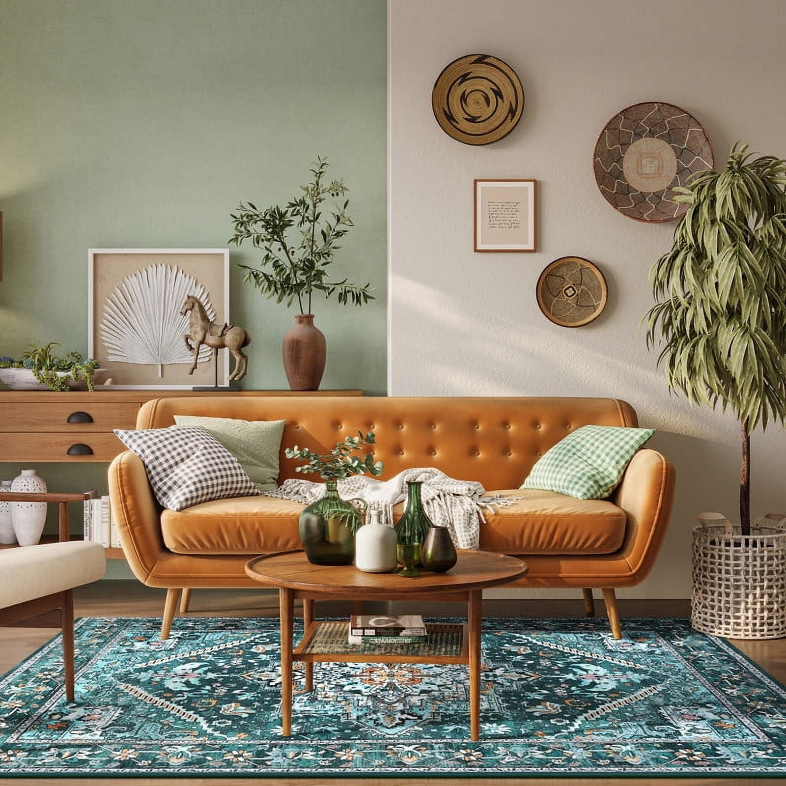 TWINNIS Boho Area Rug Soft Indoor Living Room Carpet,Green Bohemian Rug for Bedroom,8'x10'Non-Slip Washable Decorative Rug