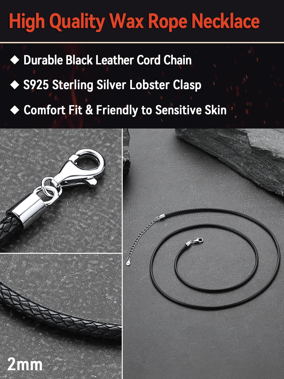 FaithHeart Braided Leather Cord Necklace for Men Women 925 Sterling Silver Snap Clasp, 2MM Waterproof Black Woven Wax Rope Chain for Pendant Jewelry Gift for Son Graduation