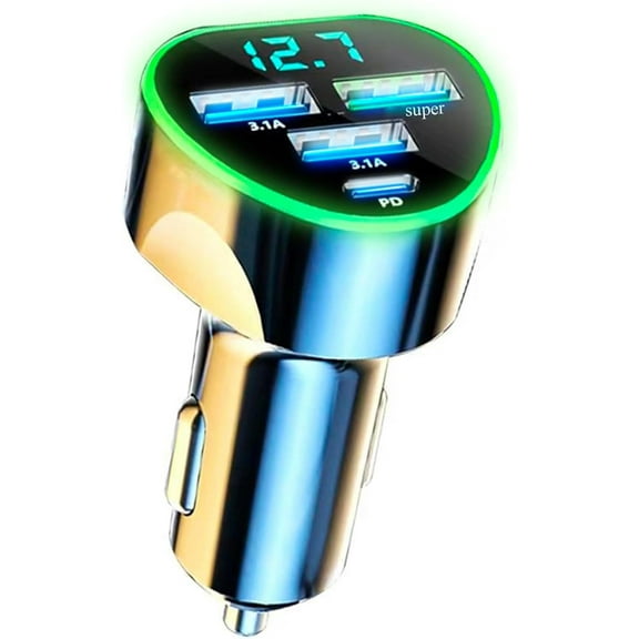 Multi Port USB C Car Phone Charger Adapter 4 in 1 with Voltage Display Super Fast Cigarette Lighter USB Charge with Volt Meter for iPhone 16/15/14/13/12 Galaxy Android Phones