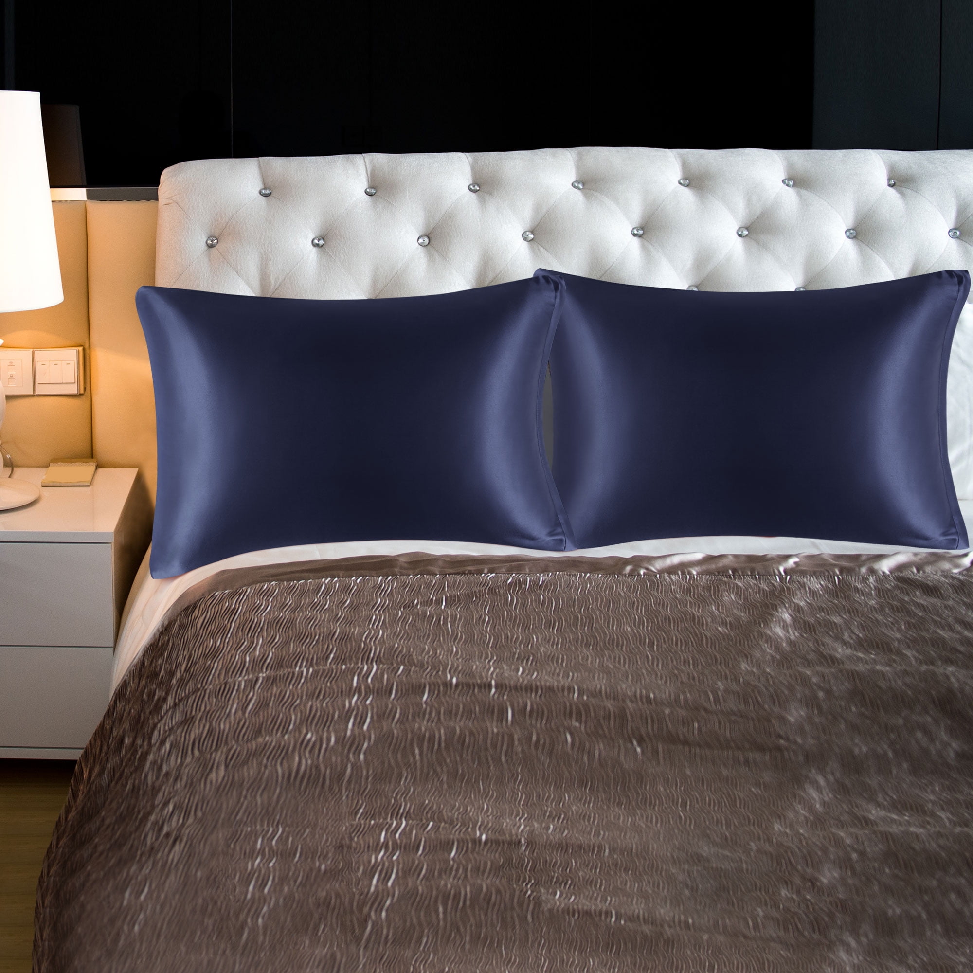 Unique Bargains Satin Set of 2 Zipper Closure Pillowcases Navy 20"x26"