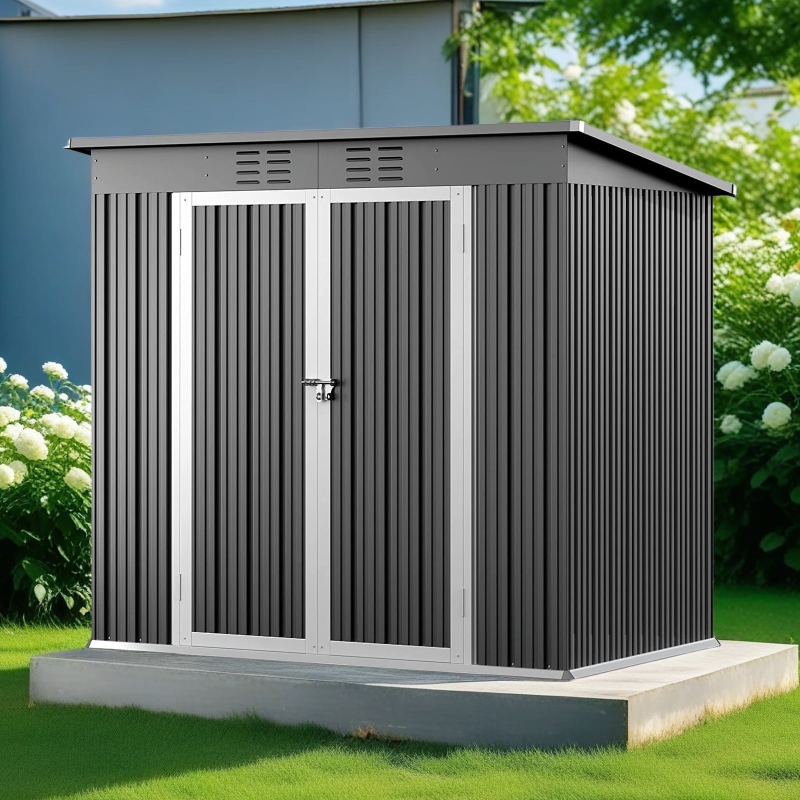 Storage Shed, Lofka 6x4 FT Outdoor Metal Shed, Lockable Double Doors Garden Tool Shed for Bike, Lawn Mower Storage, Waterproof Galvanized Steel, Grey