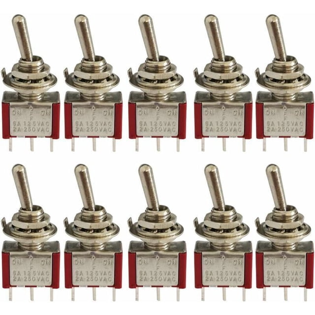 10 Pcs Mini Toggle Switch, SPDT ON-OFF-ON 3-Pin, Red, Compatible with Auto Parts, AC 125V 6A / 250V 2A