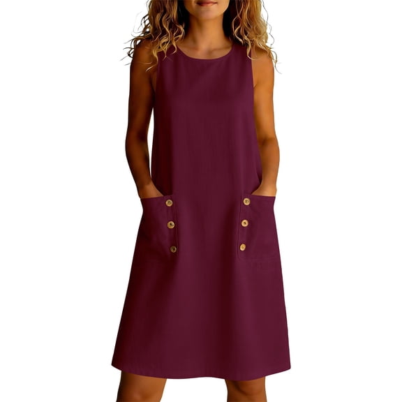 LIaqionyy Summer Dresses for Women Cotton Linen Sleeveless Casual Sundress Tank Beach Vacation Dress with Pockets