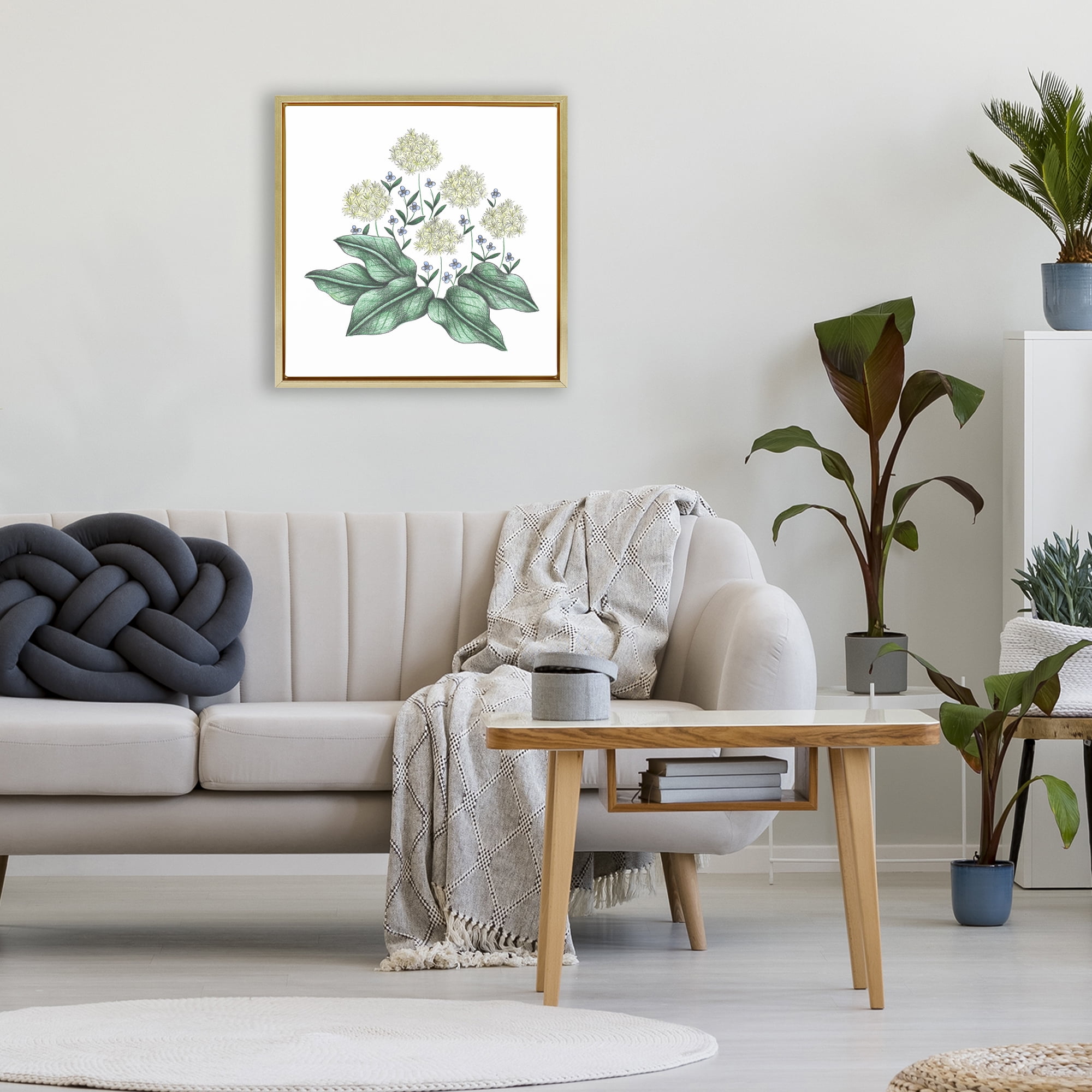 Hello Wildflower Vintage Sketch Gold Framed Floater Canvas Wall Art, design by Cecilia Battaini