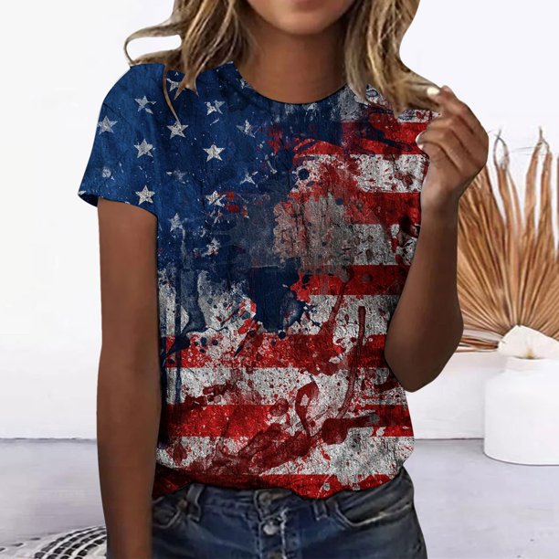 Fiudx Ofertas Relámpago Camiseta Informal de Manga Corta con Cuello Redondo y Estampado Del Día de La Independencia para Mujer