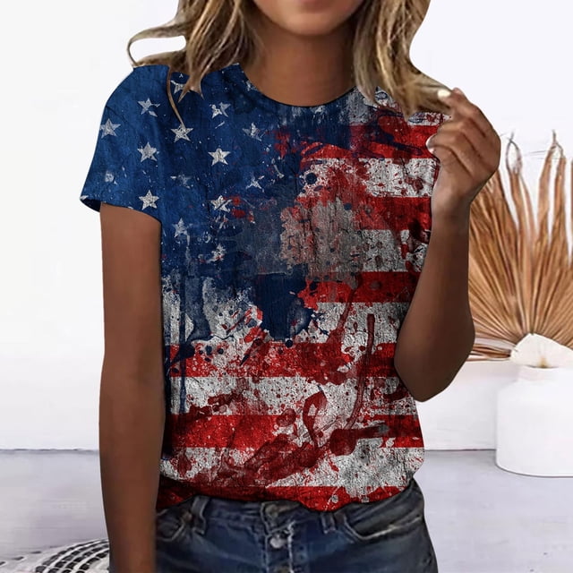 Fiudx Ofertas y Liquidaciones Camiseta Informal de Manga Corta con Cuello Redondo y Estampado Del Día de La Independencia para Mujer