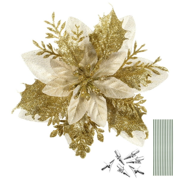 TOYANDONA 12 piezas de flores de árbol de Navidad con purpurina artificial, flores de pascua, decoración para el hogar, fiesta, decoración de temporada con tallos y clips