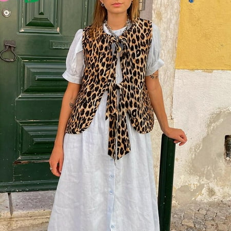 Women Y2k Sleeveless Stripe Print Shirt Tie Front Peplum Coquette Blouse Cute Summer Lace Up Going Out Babydoll Top Leopard