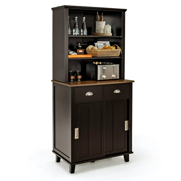 Gymax Freestanding Buffet Hutch Kitchen Pantry Storage Cabinet w/ Sliding Doors Brown