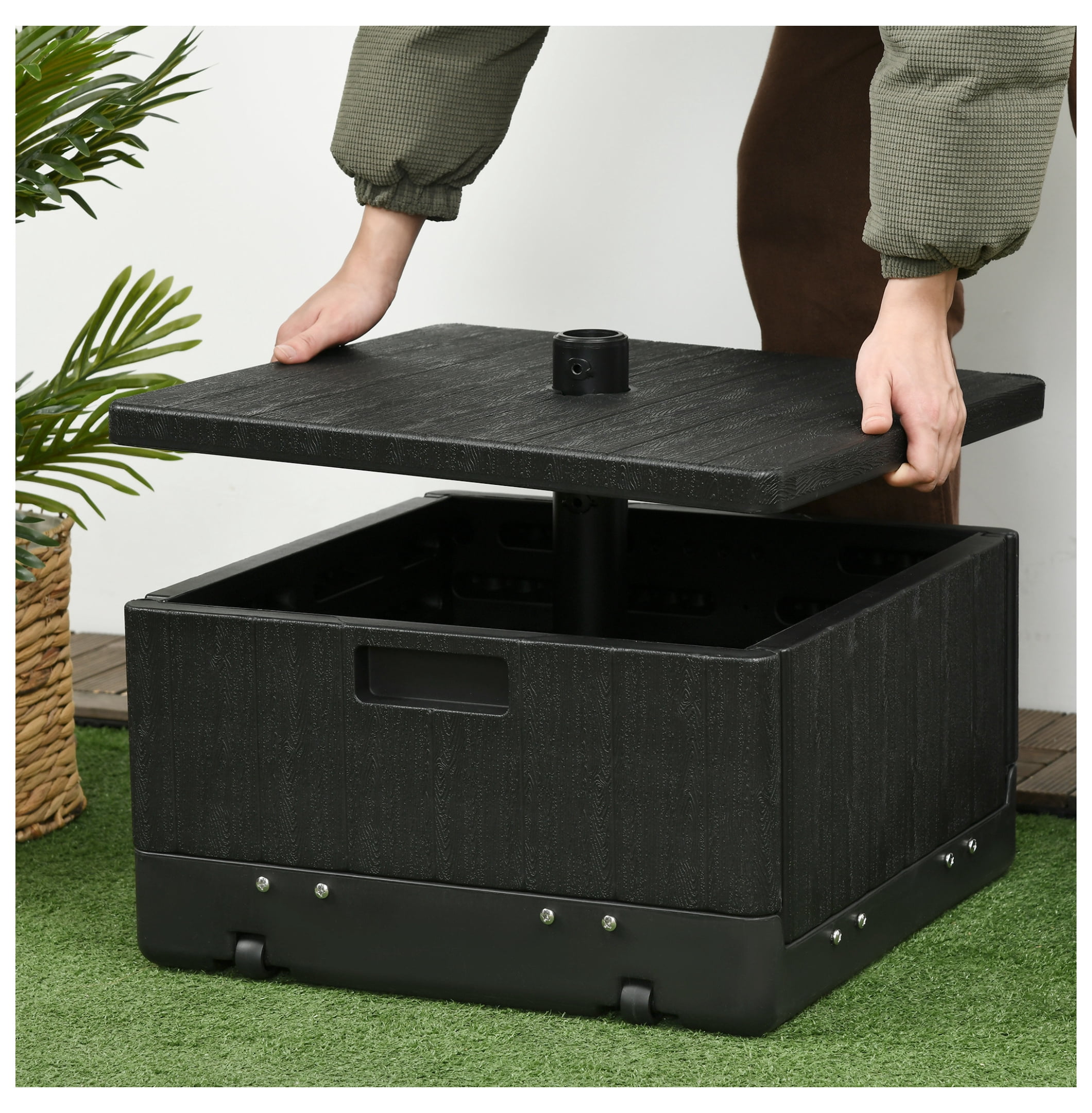 3-in-1 Outdoor Umbrella Base, Coffee End Table, Flower Box Planter, 175lbs Capacity Patio Umbrella Stand Table with Wheels and Handles, Black