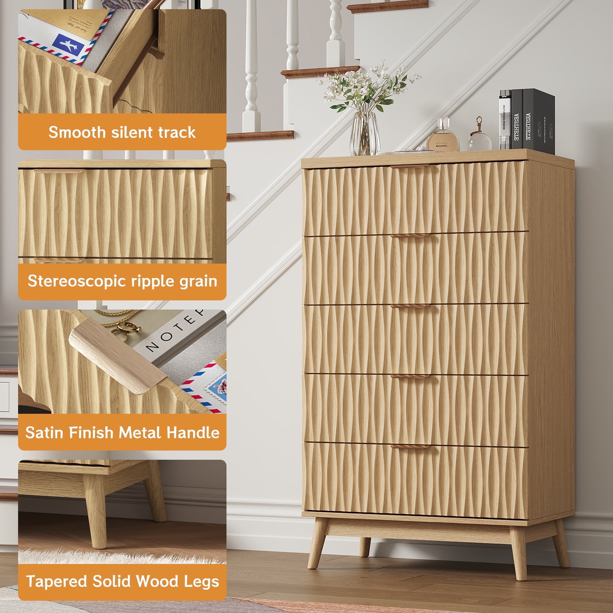 47" Tall 5 Fluted Drawer Dresser, Solid Wood Chest of Drawers with Glossy Handle, Storage Cabinet for Bedroom, Living Room, Entryway