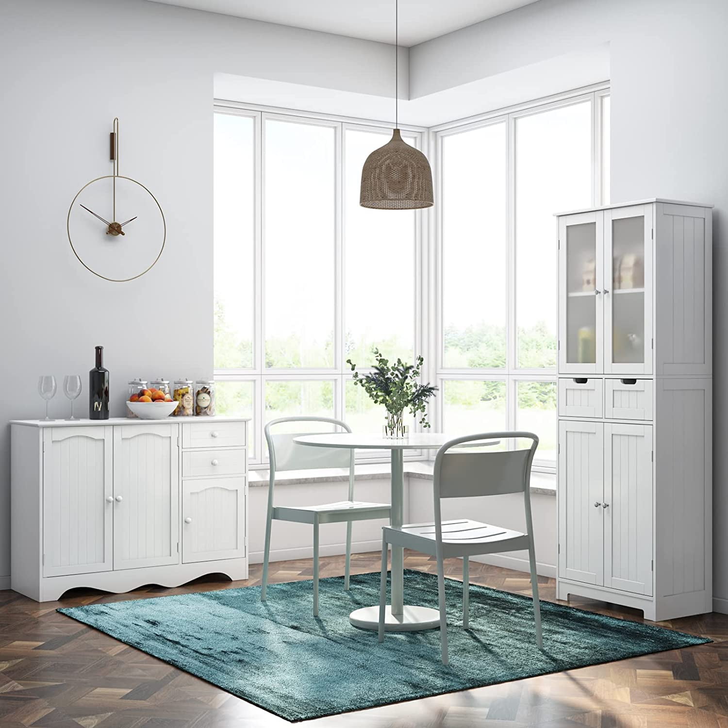 67" Tall Storage Cabinet, Freestanding Pantry Cabinet with Glass Door and Shelves, Linen Bathroom Cabinet with 2 Drawers for Living Room, Kitchen, Dining Room, Office, White
