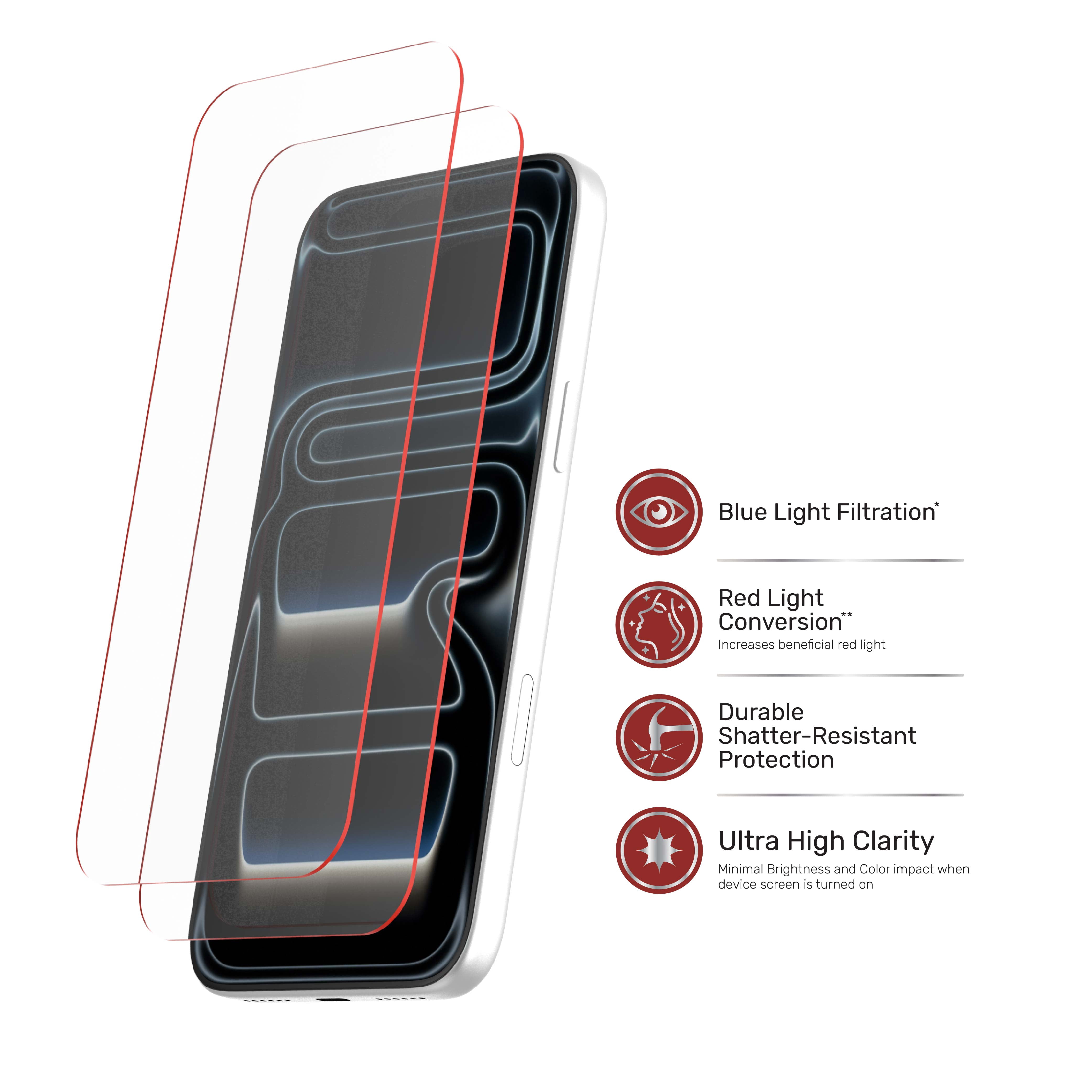 DuraGlass Glass Screen Protector with Red Light Conversion for iPhone 18 Pro / 17 Pro with Easy Application Tray - 2 Pack