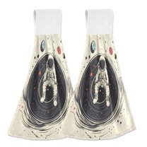 Yayeee Kitchen Hanging Hand Towels Set of 2 with Loop Bathroom Absorbent Tie Towel, Beige Astronaut Space