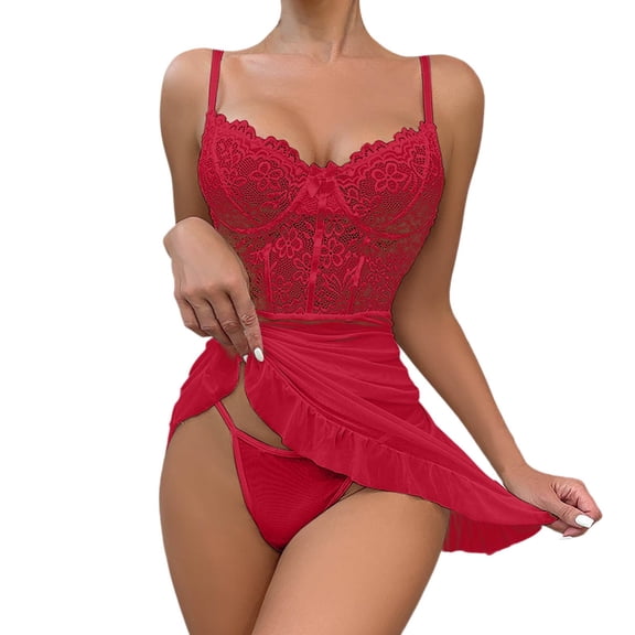 BRICH Sets for Women Dress with Underwire Push up Bras Lace Chemise Ruffle Hem Sleepwear Outfits XL