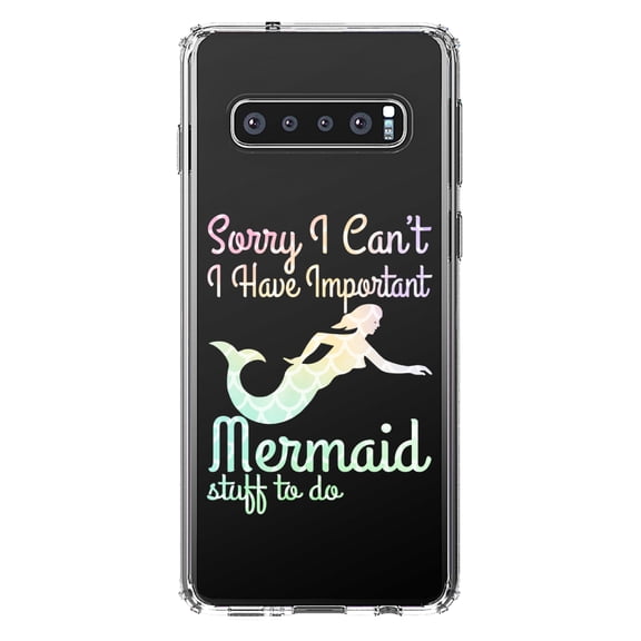 DistinctInk Clear Shockproof Hybrid Case for Samsung Galaxy S10 (6.1" Screen) - TPU Bumper Acrylic Back Tempered Glass Screen Protector - Sorry I Have Important Mermaids Stuff