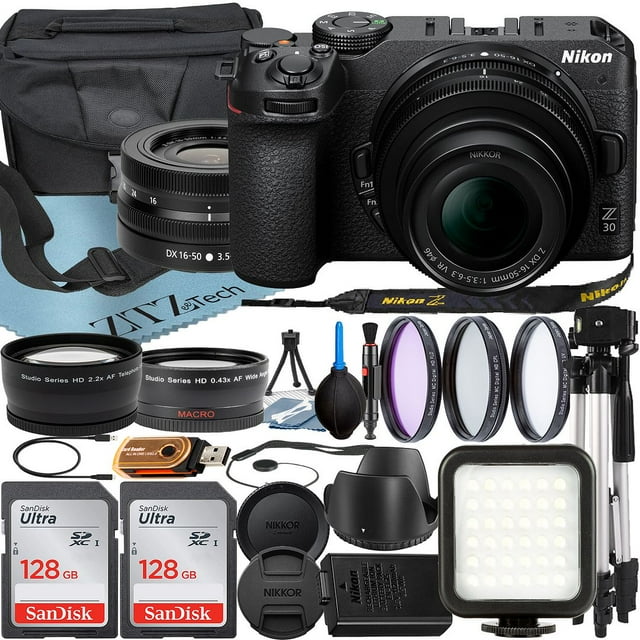 Nikon Z30 Mirrorless Camera with NIKKOR Z DX 16-50mm VR Zoom Lens + 2 SanDisk 128GB Card + Case + Wideangle + Tripod + ZeeTech Accessory Bundle