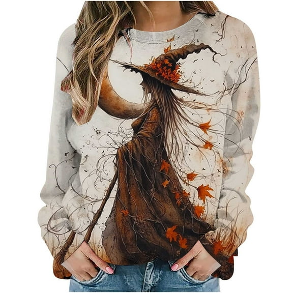 YUGYXL Halloween Sweatshirts for Women Witch Crewneck T Shirts Fall Cute Pumpkin Graphic Fleece Pullover Tops Multicolor M