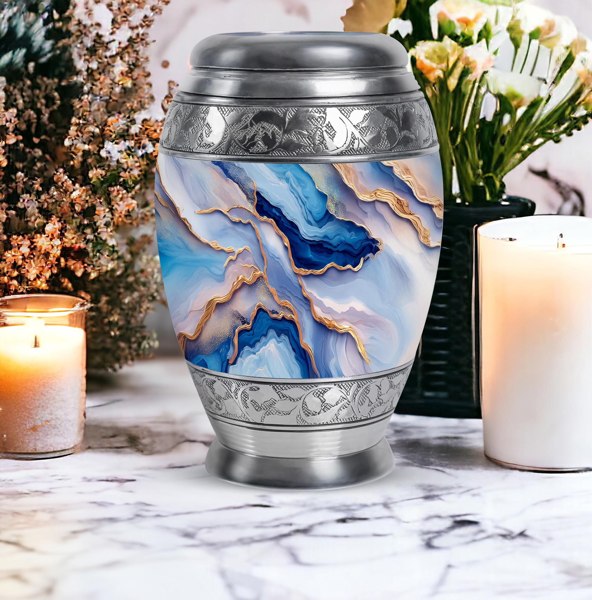 SABURIAL Blue Cremation Urns for Adult Ashes Male - Decorative Urns for Mom & Dad Ash - Cremation Urn for Human Remains - Handcraft Urn for Adult Female - Large Size 10 Inch with Velvet Bag