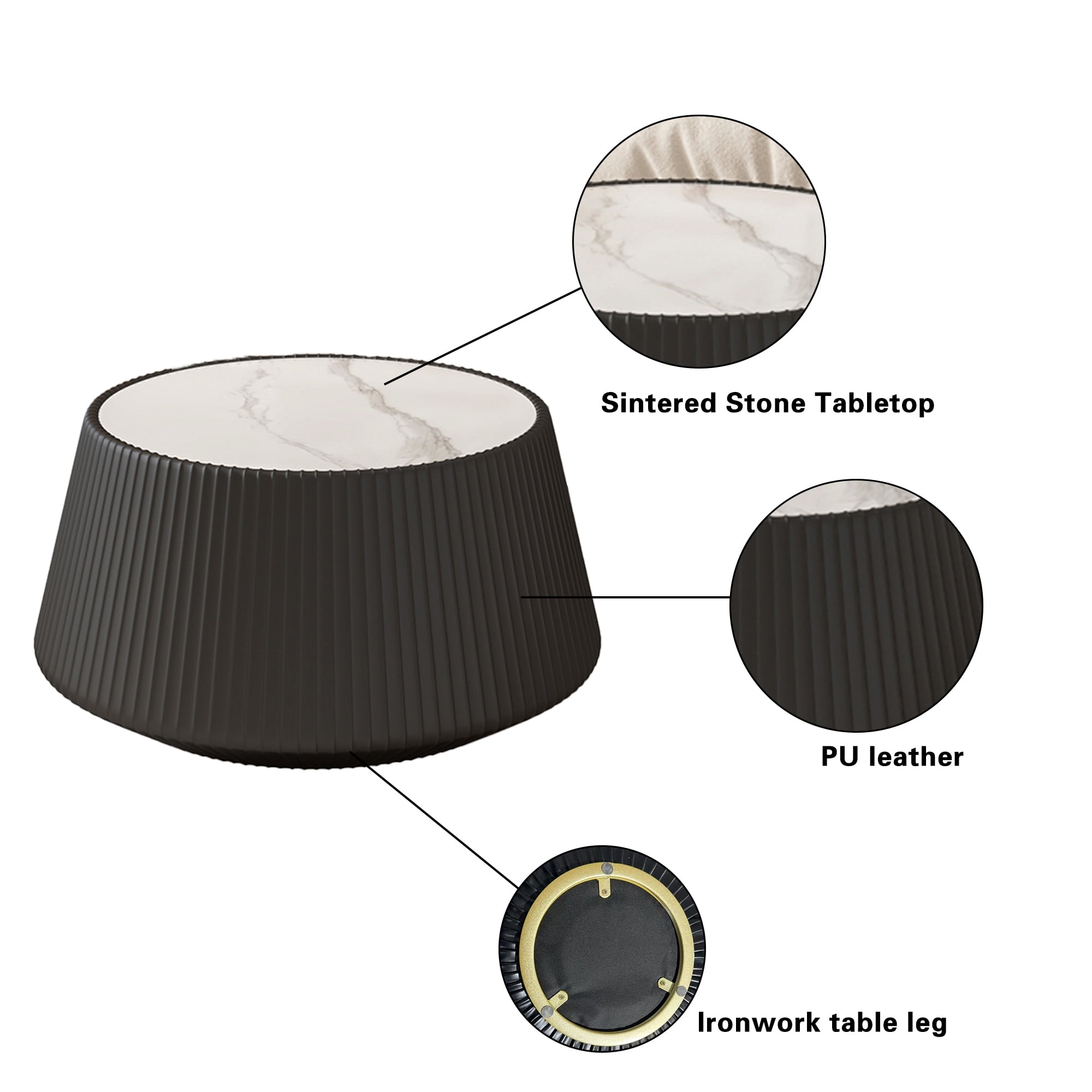 Leumius Light Sintered Stone Top Cup Shape Leather Coffee Modern Sofa Table for Apartment Living Room Furniture Black 1
