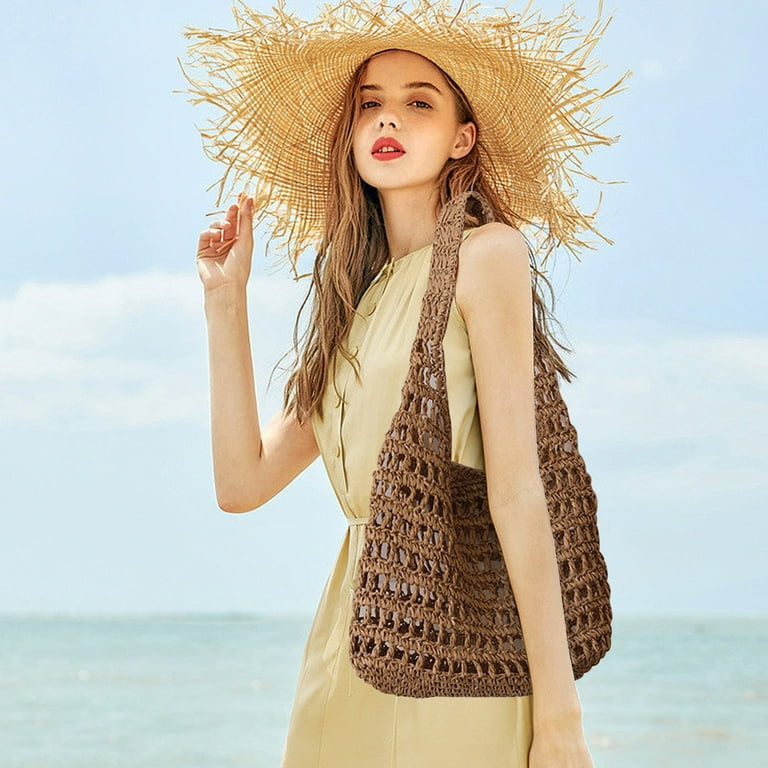 SPOORYOO Straw Hobo Beach Bag for Women Girls Women s Straw Crochet Backpack Casual Beach Daypack with Flap and Drawstring Closure