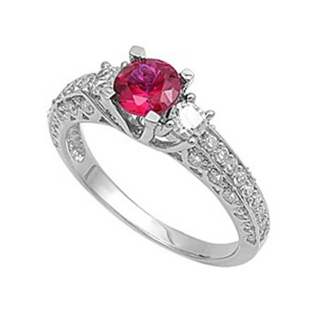 Diamond Ruby Pave Ring - CHOOSE YOUR COLOR Round Simulated Ruby Vintage Style Pave Ring New .925 Sterling Silver Band (Simulated Ruby/Ring Size 5)